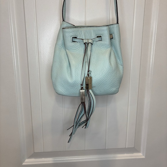 KATE SPADE- TIFFANY BLUE- LEATHER BUCKET CROSSBODY BAG Small Tassels - Picture 1 of 14